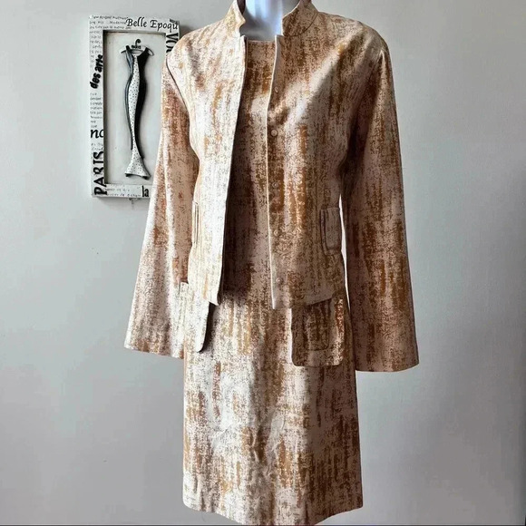 Vintage Cynthia Rowley Two Piece Cream and Brown Dress Jacket Suit Size 8 10 - Picture 1 of 14